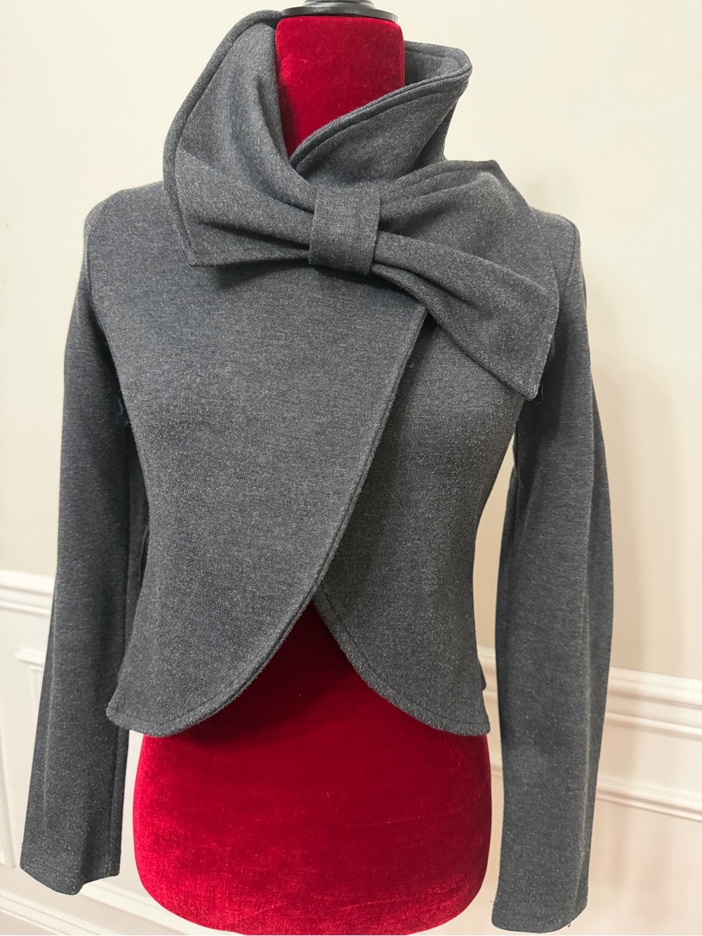 High Street Sculptural Bow Neck Blazer Jacket Grey Asymmetrical Wrap Petite S